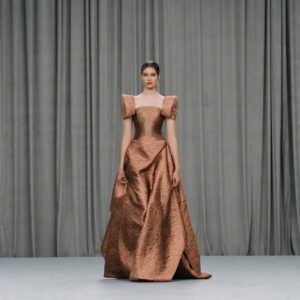 Laiton Lumière dress front view, luminous brass silk brocade gown with corsage bodice