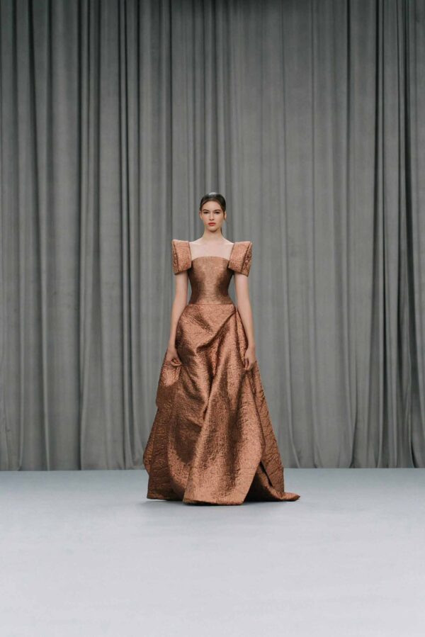 Laiton Lumière dress front view, luminous brass silk brocade gown with corsage bodice