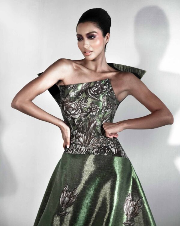 Close-up of The Caelia Dress jacquard brocade fabric and floral details