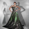 The Caelia Dress front view with sculpted floral motifs and angular shoulders