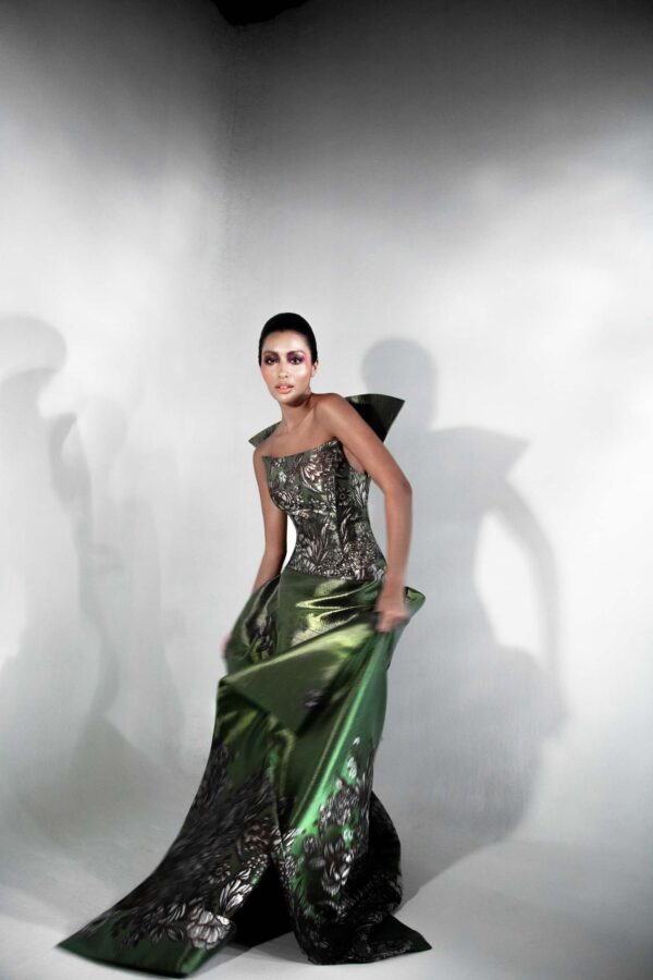 pen side panels of The Caelia Dress showing subtle dimensional movement