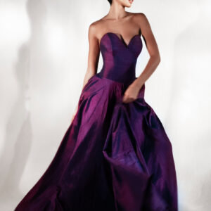 Veloria violet shantung silk gown with full-circle skirt
