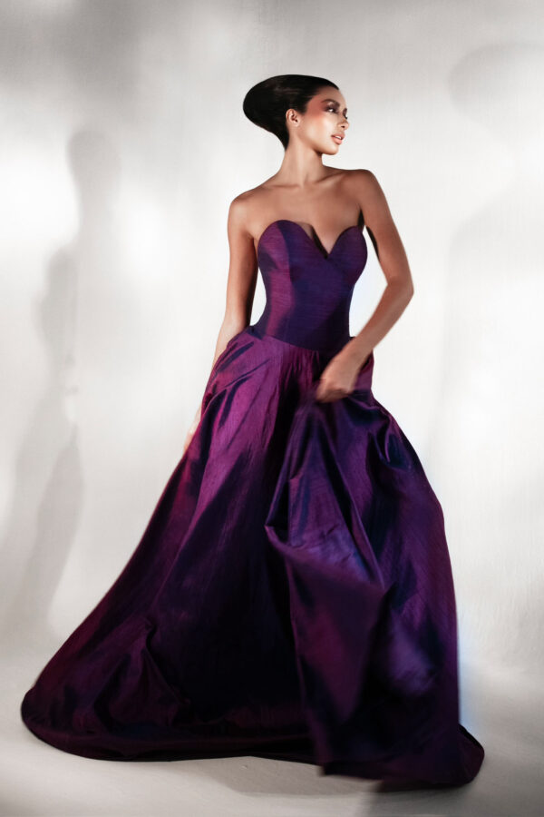 Veloria violet shantung silk gown with full-circle skirt