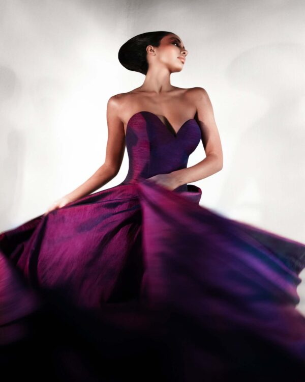 Haute couture violet corsage dress in shantung silk