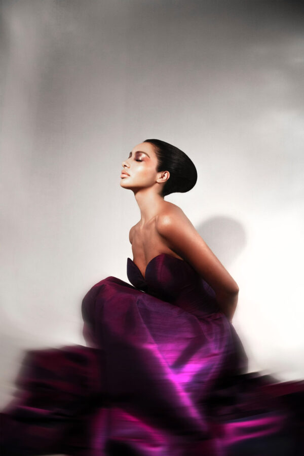 Luxury shantung silk gown with flowing full skirt