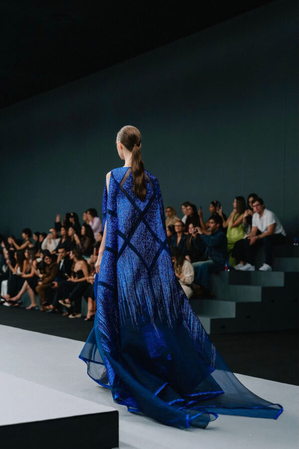 Designer Azurith blue dress with sculptural silhouette
