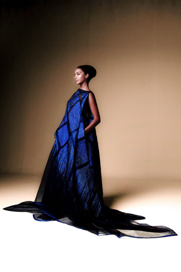 Front view of Azurith sapphire blue geometric organza dress