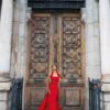 THE ÉCARA luxury red corseted satin evening dress