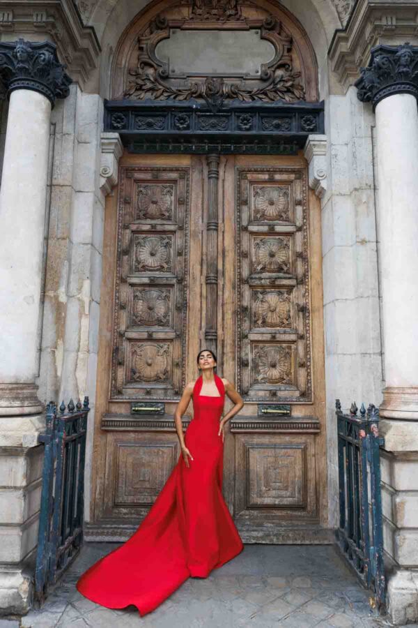 THE ÉCARA luxury red corseted satin evening dress