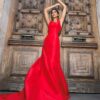 THE ÉCARA red satin couture gown with long train